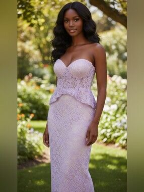 DB Studio Lavender Floral Lace Strapless Maxi Formal Dress Gown Large size